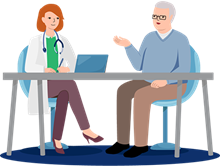 Illustration of a man with gray hair and glasses sitting at a table with a healthcare provider